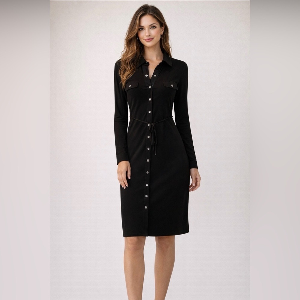 NWT White House Black Market Elegant Black Button-Down Dress mid length size Xs